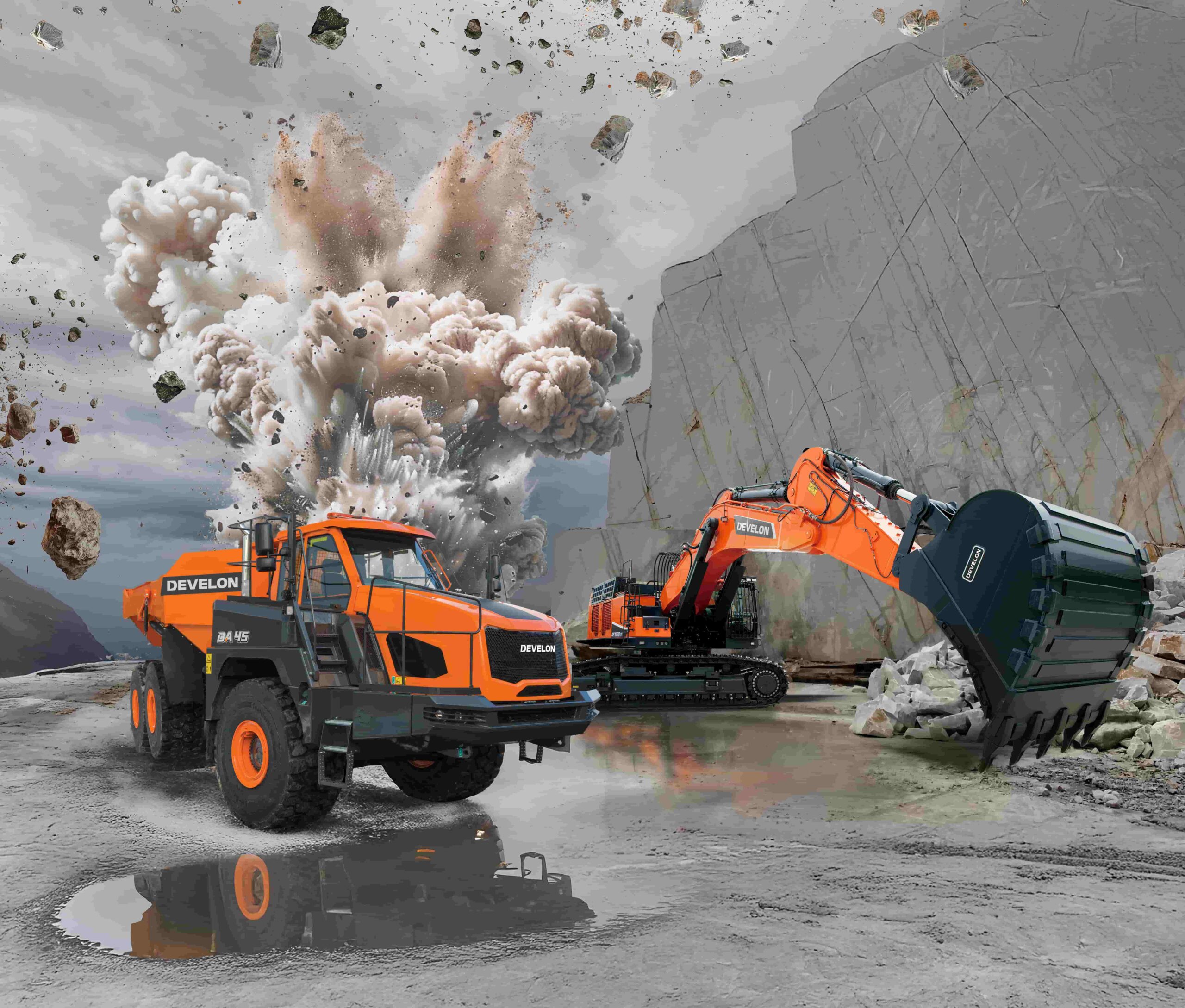 Articulated dump truck DA45 and DX800 excavator in action at a quarry site with a dramatic explosion in the background, showcasing Develon's powerful equipment duo