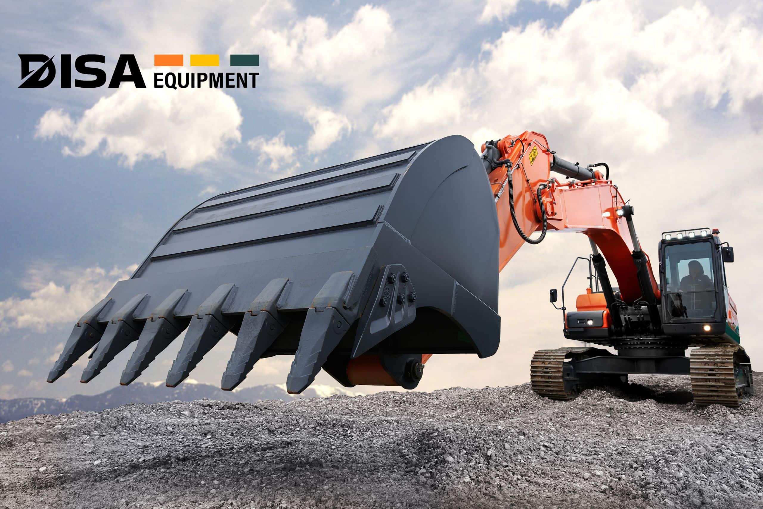 Disa Equipment excavator at work on a gravel site, representing one of South Africa’s leading construction equipment companies under a dynamic sky